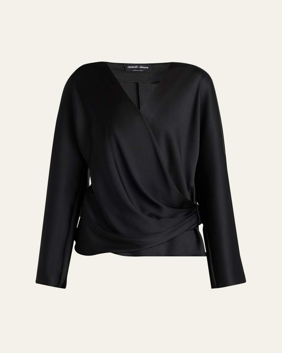 Draped Long-Sleeve Silk Blouse